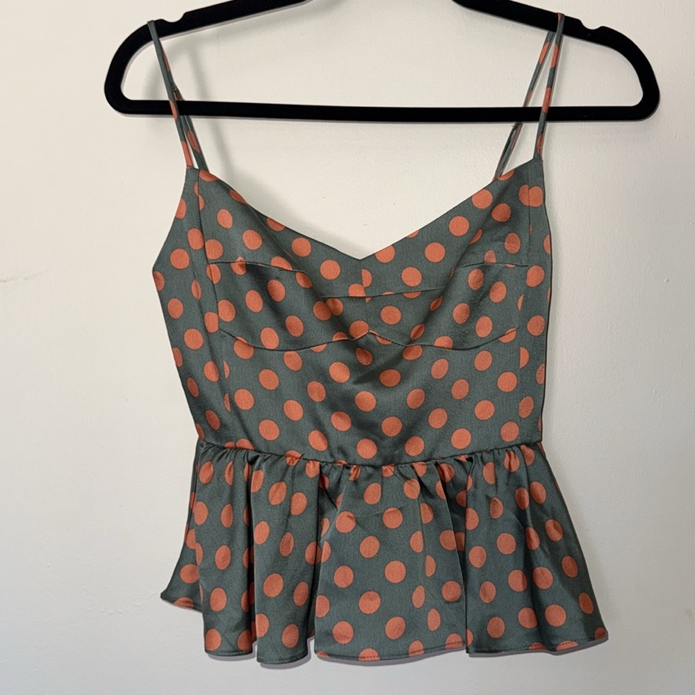 Zara green orange polka dot peplum cami top Sz Medium - Picture 2 of 8